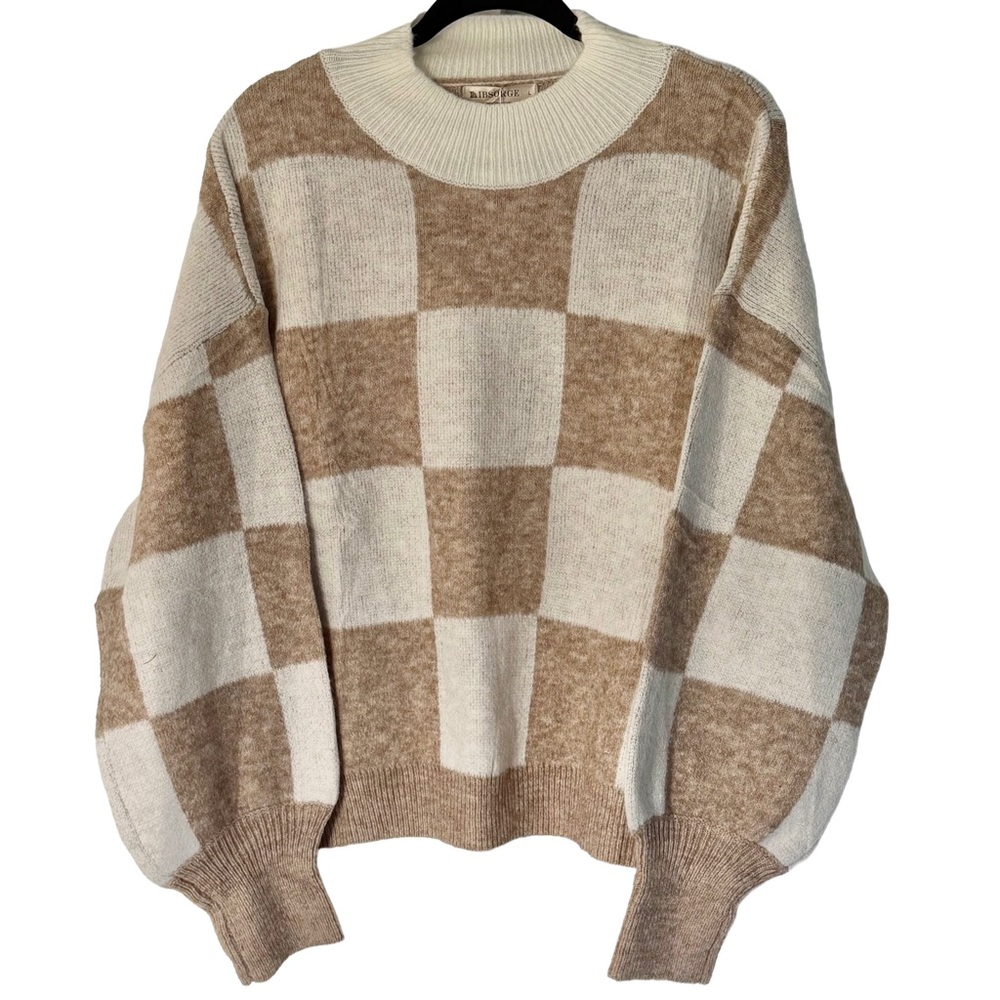Checkerboard Crewneck Sweater in Cream and Tan NWT - Picture 2 of 7